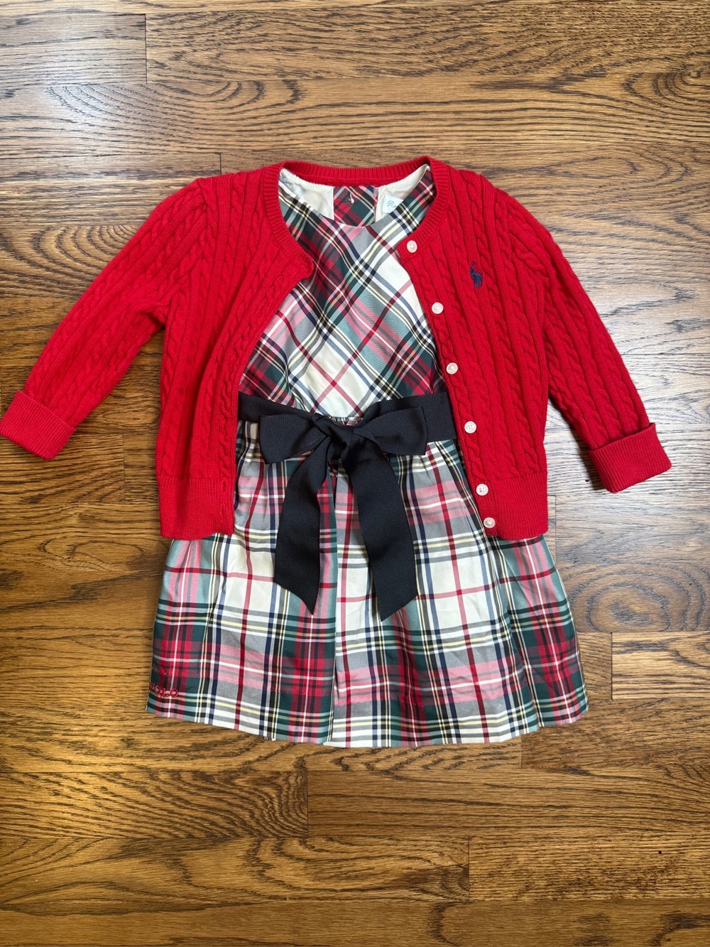 Ralph Lauren Toddler Girls Red Cable-Knit Cardigan & Plaid Holiday Dress Set 12M
